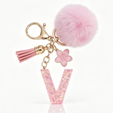 A-Z Fluffy Pom Pom Keychain, Fashionable Bag Charm & Key Ring, Holiday Bag Accessory, Perfect Gift For Valentine's Day/Birthday/New Year - Pink - View 33