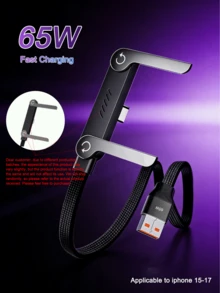 65W(Máx) Cable de datos plegable de carga rápida. Material trenzado de nailon, compatible con carga rápida, diseño de soporte plegable para teléfono/tableta, interfaz USB-A a Tipo-C. Adecuado para iPhone 17/16 Pro/16 Pro Max/16/15 Pro/15 Pro Max - Perfecto para uso en el hogar, la oficina y los viajes. - Negro - Ver 9