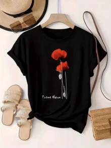 Dos amapolas rojas que simbolizan la fuerza interior y la conexión con la naturaleza acompañadas por la frase Protect Nature reflejan serenidad y elegancia camiseta de mujer casual moderna cómoda para diario - Negro - Ver 8