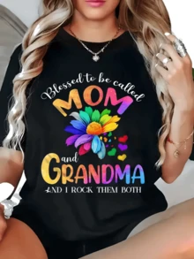 Frase colorida que celebra con orgullo el amor de ser madre y abuela acompañada de una gran flor multicolor con corazones vibrantes que transmiten ternura y unión familiar camiseta de mujer cómoda y moderna - Negro - Ver 8