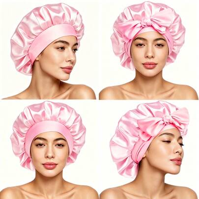 2 Styles Pink Satin Sleep Cap, Elastic Band, Smooth Silk-Like Material, Casual Home Daily Hair Care