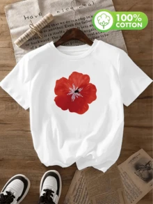 Vibrant Red Flower Symbolizing Passion, Vitality, And Confidence, Expressing Inner Feminine Energy With A Modern Artistic Touch. Comfortable Casual Women's T-Shirt For Everyday Wear. - 白色 - 查看 1