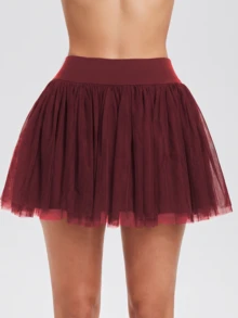 KyrLssu Women's High Waist Fluffy Tulle Mini Skirt - Red - View 2