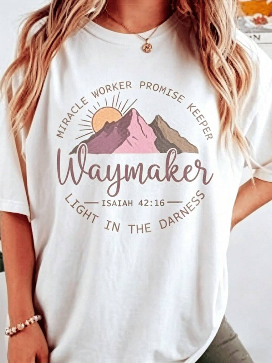 Montañas coloridas con el sol naciente que simbolizan esperanza fuerza y fe en los nuevos comienzos camiseta de mujer casual cómoda para uso diario - Blanco - Ver 1