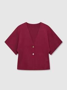 Women's Casual Solid Color Button Front Cardigan, Suitable For Summer & Autumn - Burgundy - View 8