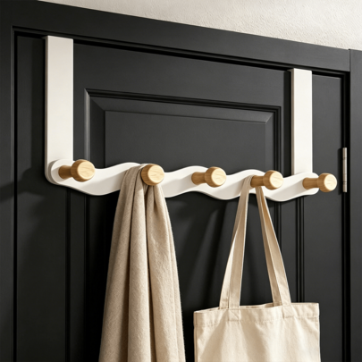No-Drill Over-The-Door Hook Rack With Natural Wood Pegs, No Door Damage, Strong Load-Bearing Capacity, Perfect For Organizing Coats, Bags And Hats In Entryways And Bedrooms.