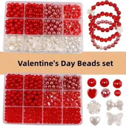 Nouveau kit de fabrication de bijoux en alliage en forme de cœur rouge, nœud, fleur, papillon. Perles rondes brillantes polyvalentes. Collier DIY, bracelet, boucles d'oreilles, fournitures de perles artisanales pour cadeau romantique de vacances