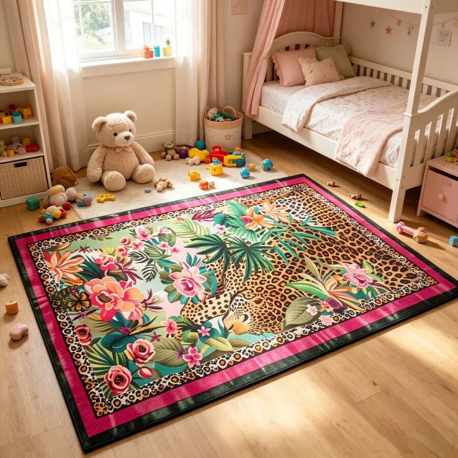 1pc Vibrant Floral & Leopard Print Area Rug - Machine Washable, Non Slip, Living Room Rug, Bedroom Rug, Kitchen Floor Mat, Entryway Rug, Dorm Room Rug, Apartment Essential Rug, And For Outdoor Patio, Garden And Courtyard Use, Room Decor, 20*31/ 60*84 Inch, Home Decor, Durable And Easy Care, Idea Housewarming Gift - 彩色 - 查看 1