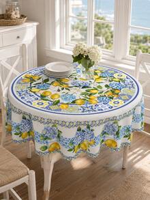 1 pieza Mantel de poliéster con estampado de limón mediterráneo e hortensia, patrón floral de azulejos azules italianos, opcional redondo/rectangular, adecuado para cocina, comedor, jardín exterior, patio, regalo de despedida de soltera y decoración del hogar de verano - Amarillo - Ver 2
