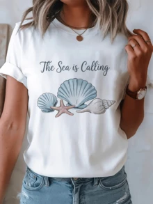 Conchas marinas y estrella de mar representan la tranquilidad del océano y el deseo de aventura al aire libre camiseta de mujer con mensaje inspirador verano casual - Blanco - Ver 1