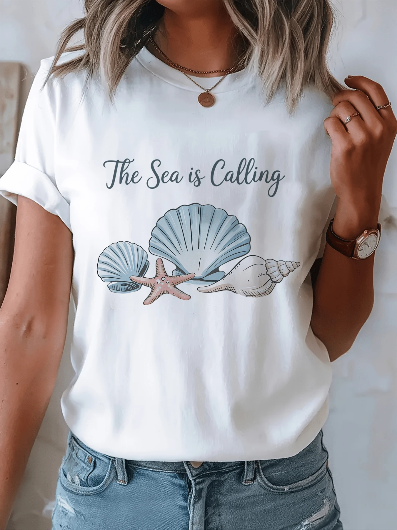 Conchas marinas y estrella de mar representan la tranquilidad del océano y el deseo de aventura al aire libre camiseta de mujer con mensaje inspirador verano casual - Blanco - Ver 1