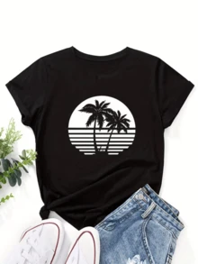 Palmeras frente al sol descendente evocan el sonido del mar la serenidad tropical y un espíritu libre camiseta de mujer casual perfecta para verano y paseos relajados - Negro - Ver 8