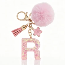 A-Z Fluffy Pom Pom Keychain, Fashionable Bag Charm & Key Ring, Holiday Bag Accessory, Perfect Gift For Valentine's Day/Birthday/New Year - Pink - View 11