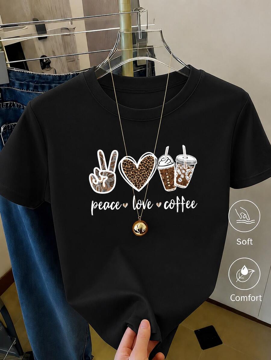 Women's Casual Shirt Print T-Shirt, Short Sleeve And Round Neck, Local Spring/Summer Urban Fashion. - Black - View 1