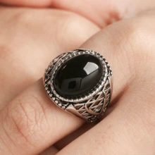1pc 925 Sterling Silver Inlaid Black Agate Vintage Style Ring Hollow Design Dyed Black Process Women's Ring Unisex Suitable For Daily Wear Gift - Silver - View 5