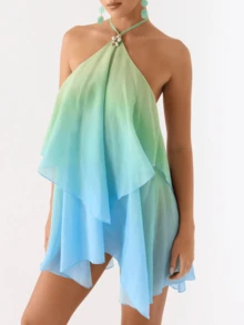 Women Ruffle Halter Neck Mini Dress Mock Neck Sleeveless Open Back Tiered Dress Y2K Mesh Layered Summer Going Out A Line Dresses - Blue and White - View 2