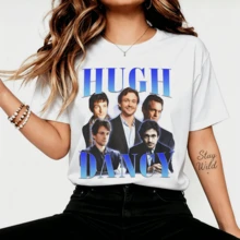 Hughh Dancyy Multi-Portrait Blue Gradient Text Retro Graphic T-Shirt, Hannibal Actor Casual Cotton T-Shirt For Fans - White - View 1