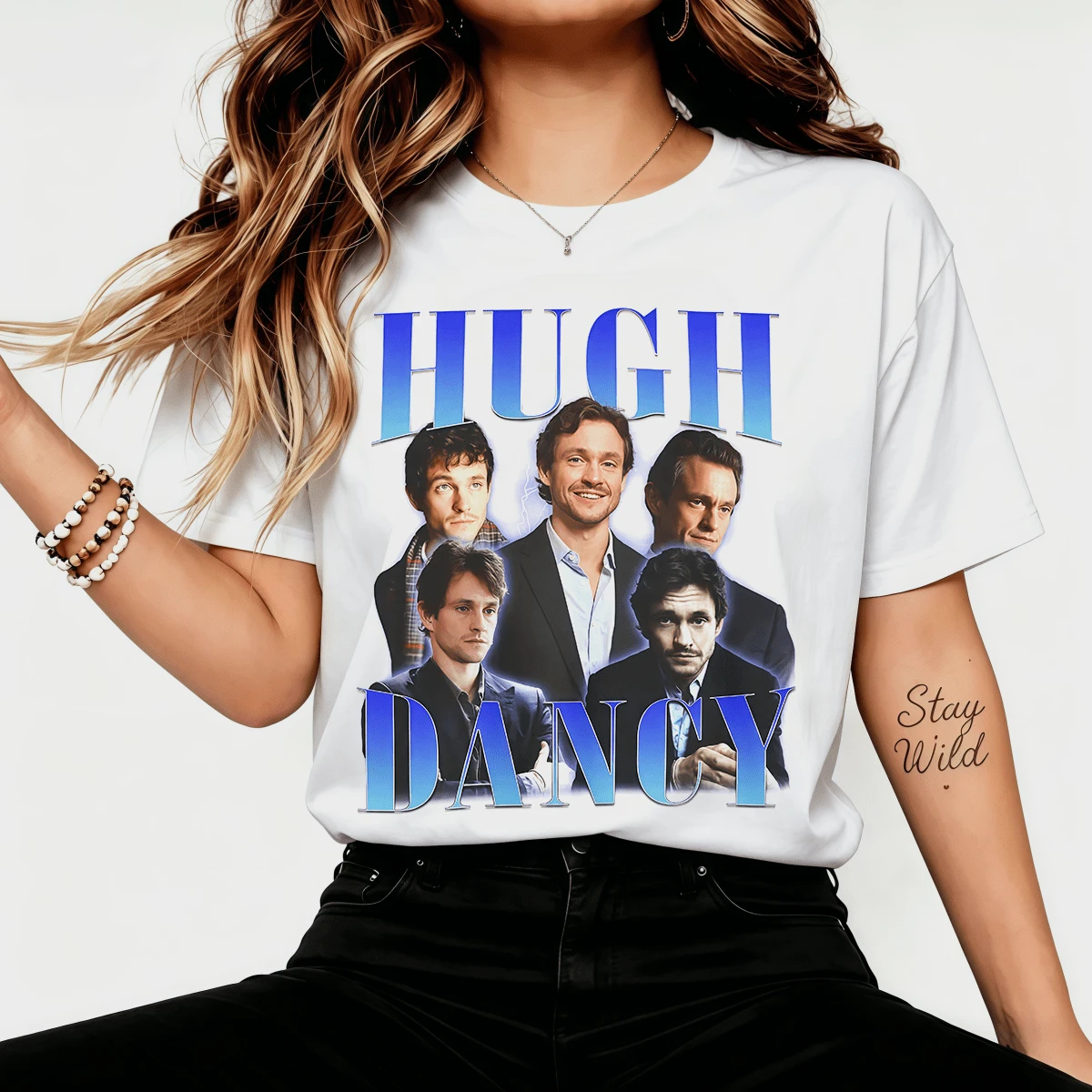 Hughh Dancyy Multi-Portrait Blue Gradient Text Retro Graphic T-Shirt, Hannibal Actor Casual Cotton T-Shirt For Fans - White - View 1