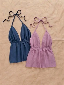 Áo cami nữ thanh lịch không co giãn, dây mảnh, hở lưng, ngực nhún bèo, trang trí nơ, phong cách thường ngày cho mùa hè - Xanh dương + Hồng - Xem 2
