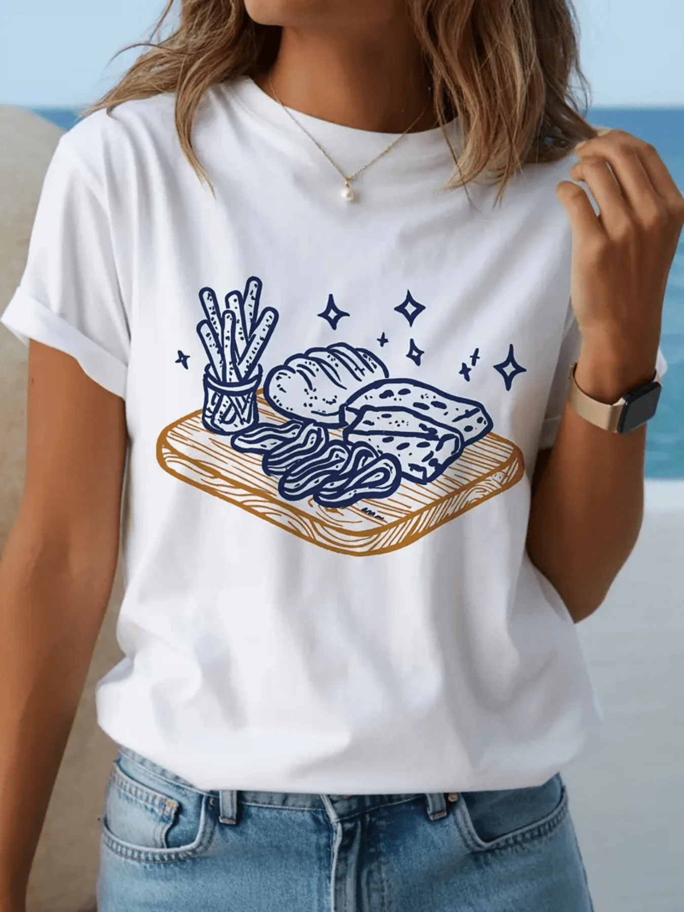 Artisan Bread With Baguettes And Cheese Served On A Board That Evokes The Warmth Of A Mediterranean Afternoon With Soft Highlights That Inspire Moments Of Relaxation. Comfortable Casual Women's T-Shirt For Everyday Wear. - White - View 1