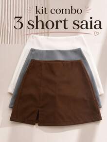 Kit Of 3 Tailored Skirt Shorts With Slit For Parties And All Occasions - Fashion Blogger Style - 白色,灰色和棕色 - 查看 1