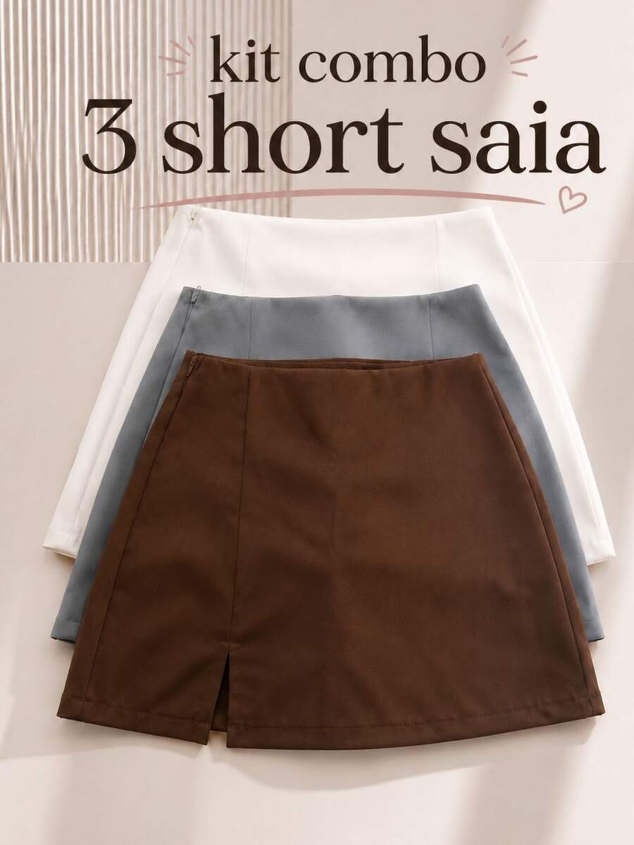 Kit Of 3 Tailored Skirt Shorts With Slit For Parties And All Occasions - Fashion Blogger Style - 白色,灰色和棕色 - 查看 1
