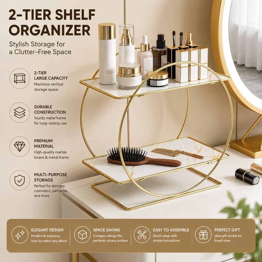 1pc 2-Tier Cosmetic Storage Rack, Bathroom Countertop Organizer, Lipstick, Perfume, Skincare Storage Box, Vanity Tray, Luxury Style Jewelry Holder, Suitable For Bedroom, Bathroom, Living Room - Gold - View 1