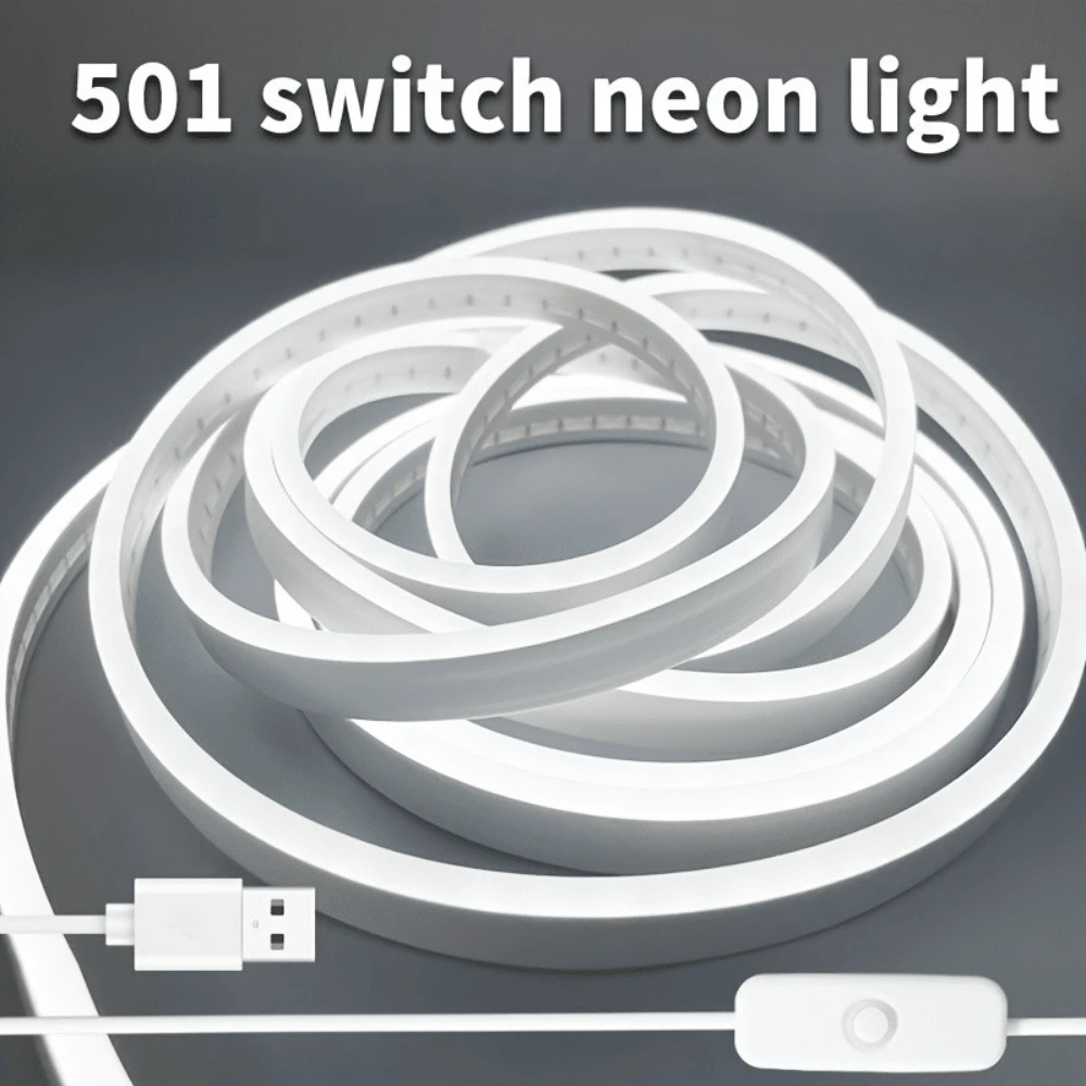 LITSHOW Neon LED Strip Light With Button Switch, USB Powered Dotless Flexible Rope Light, Uniform Glow Cuttable Self-Adhesive Tape For Bedroom TV Backlight Kitchen Cabinet Mirror Stairs Shelf Vanity Display Case Party Wedding Holiday Home Decor - White - View 1