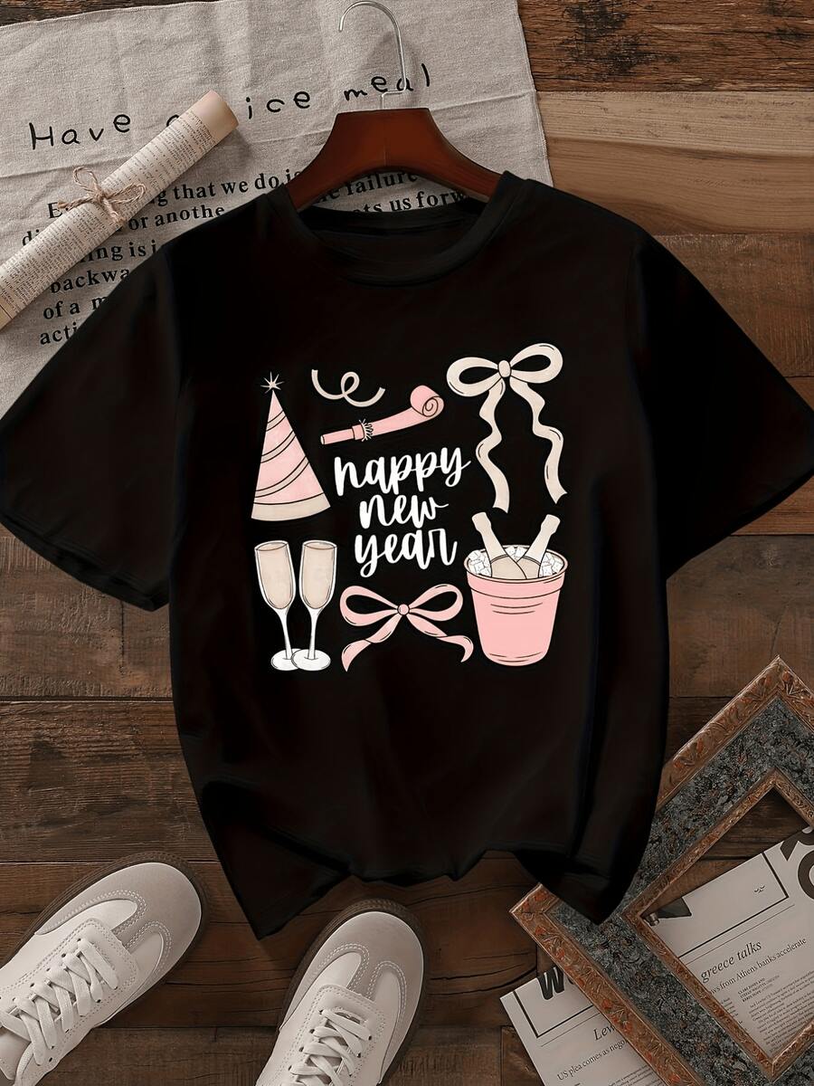 Sombrero festivo con copas de brindis lazos y confeti que transmiten alegría esperanza y celebración del nuevo comienzo del año camiseta de mujer casual moderna cómoda para fiestas - Negro - Ver 1