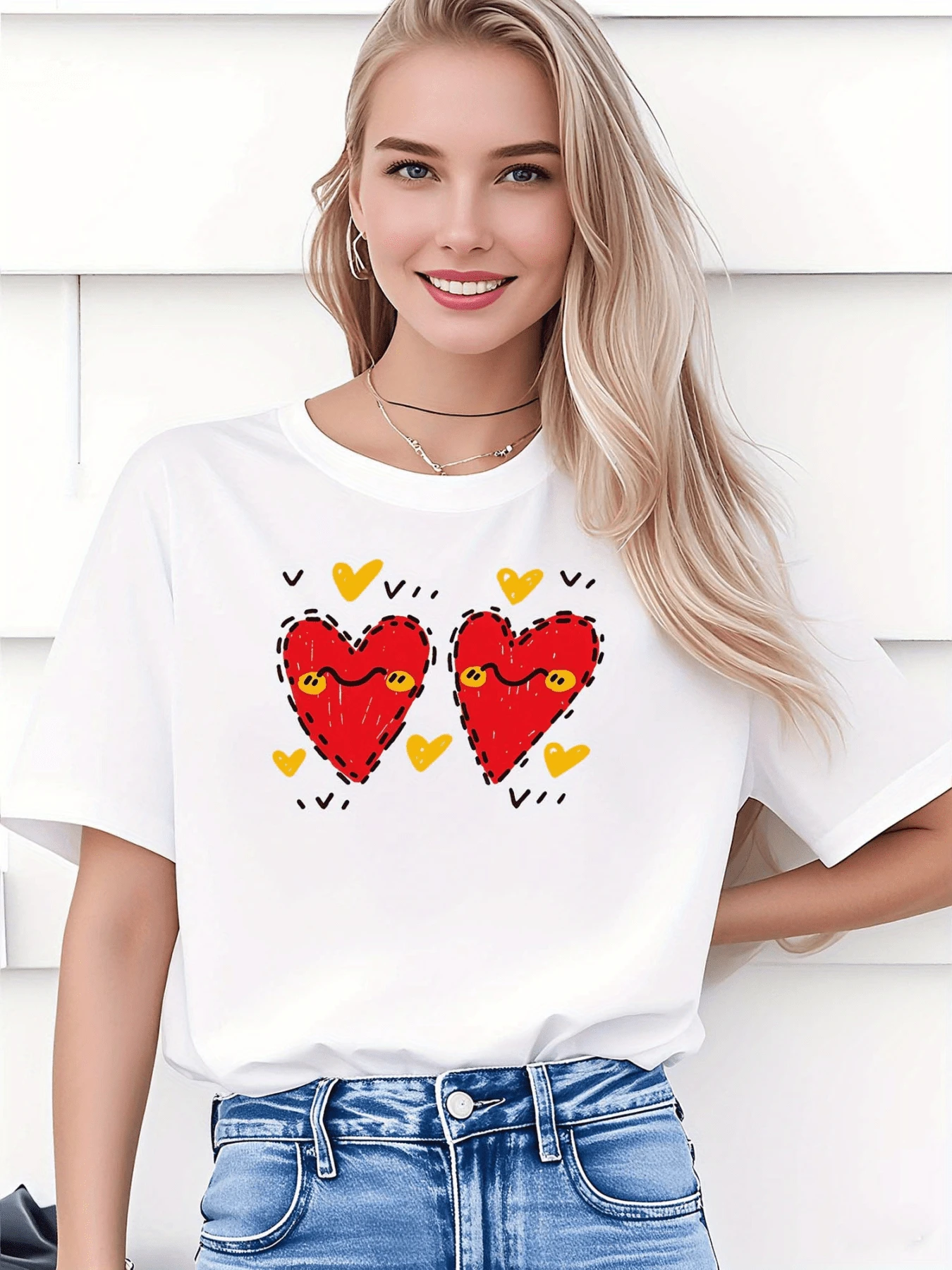 Dos corazones rojos alegres con pequeños detalles amarillos simbolizan la unión sincera y la felicidad compartida en un estilo moderno de camiseta de mujer casual cómoda y fresca - Blanco - Ver 1