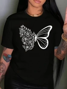 Mariposa formada por flores y hojas que simboliza la libertad el renacer y la energía natural de la vida camiseta de mujer con toque artístico casual cómoda para uso diario - Negro - Ver 1