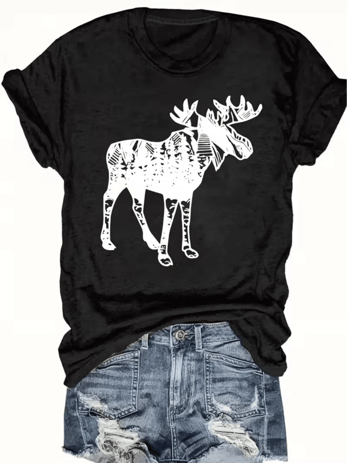 Alce majestuoso formado por patrones de árboles y líneas que simbolizan la fuerza natural la libertad y el espíritu salvaje con detalles artísticos camiseta de mujer casual moderna cómoda - Negro - Ver 1