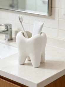 Creative Fun Toothbrush Holder, Large White Tooth-Shaped Toothbrush Cup, Desktop Storage Decorative Ceramic Container, Can Hold Toothbrush, Toothpaste, Flower Pot, Vase, Bathroom Supplies. Warm Home Bathroom Decor For Autumn And Back To School Season - One Size Fits All - View 2