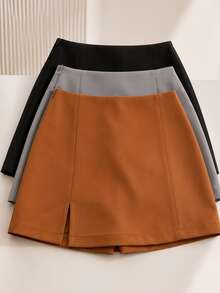 Kit Of 3 Tailored Skirt Shorts With Slit For Parties And All Occasions - Fashion Blogger Style - 黑色,焦糖色和灰色 - 查看 3