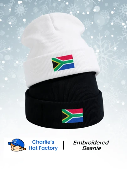1pc South Africa Flag Embroidered Knit Beanie Hat, Unisex Black & White Fuzzy Cuff Crochet Cap, Multi-Color Options, Fashionable Sports Skull Cap For Winter Warmth, Outdoor Travel Accessory
