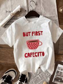 Red Mug Filled With Small Hearts Symbolizing The Love For Coffee And The Energy Of Each Morning; Comfortable Casual Women's T-Shirts For Everyday Wear And Relaxing Moments - 白色 - 查看 1