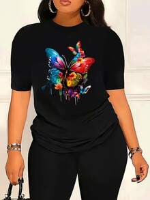 Camiseta de algodón puro con estampado de letras a la moda, talla grande para mujer. - Negro - Ver 7
