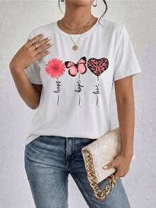 Flor rosada símbolo de esperanza junto a mariposa que representa transformación y corazón con estampado animal que expresa amor y fuerza camiseta de mujer casual moderna para uso diario - Blanco - Ver 8