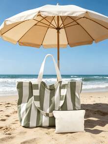 Large Stripe Canvas Tote Bag With Small Pouch,Beach Bags For Women - Weekender Travel Bag For Women, Extra Large Beach Tote Bag Sandproof Zipper Travel & Overnight Bags With Pockets, Stripes Tote, Aesthetic Summer Vacation Shoulder Bag - Multicolor - View 1