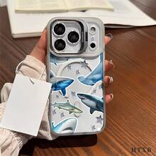 Funda de metal para cámara con patrones de estrella de tiburón, magnética, con impresión UV, adecuada para iPhone 17, 16, 15, 14, 13, 12 Pro Max/Pro/Plus, regalos de Halloween, Navidad y Acción de Gracias para amigos y familiares, funda para dispositivos, diseño de tiburón. - Gris - Ver 3