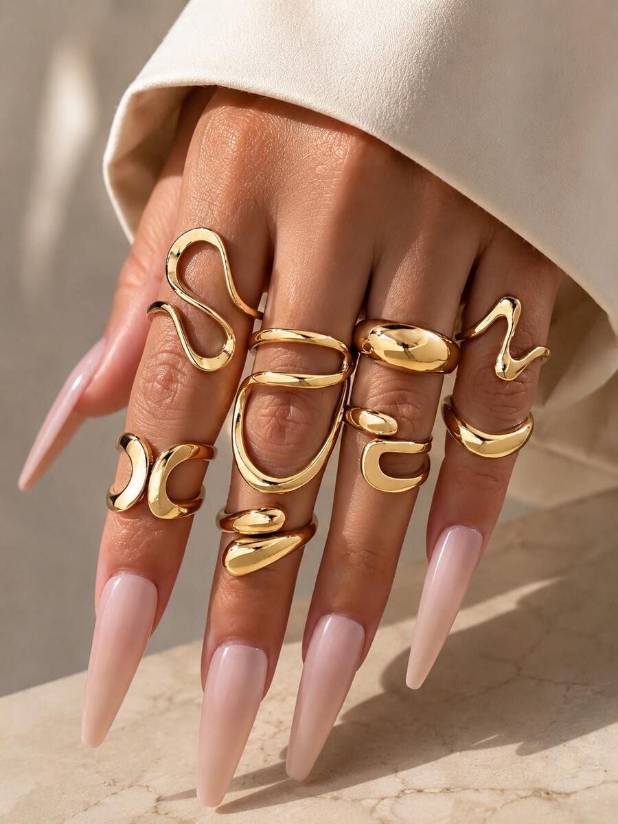 8pcs Vintage Asymmetric Hollow Smooth Ring Set, Women's Fashion Multi-Element Lava Texture Asymmetric Stackable Rings, Party Jewelry Accessories - Yellow Gold - View 1