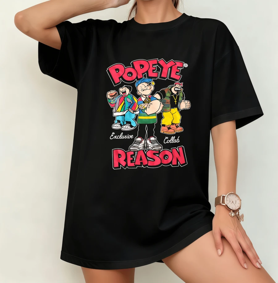 Popey Retro Cartoon "Reason" Collab T-Shirt | Gender Neutral Oversize Streetwear Shirt Black - Black - View 1