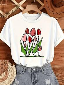 Flores de tulipanes en tonos rosados que simbolizan elegancia alegría y renovación de la naturaleza en días luminosos camiseta de mujer casual moderna - Blanco - Ver 6