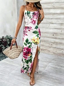 Elegante vestido de mujer con estampado floral, elástico, halter, sin espalda, para fiesta, blanco, de verano - Blanco - Ver 2