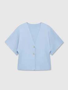 Cárdigan casual de mujer de unicolor con botones, adecuado para verano y otoño - Celeste - Ver 8