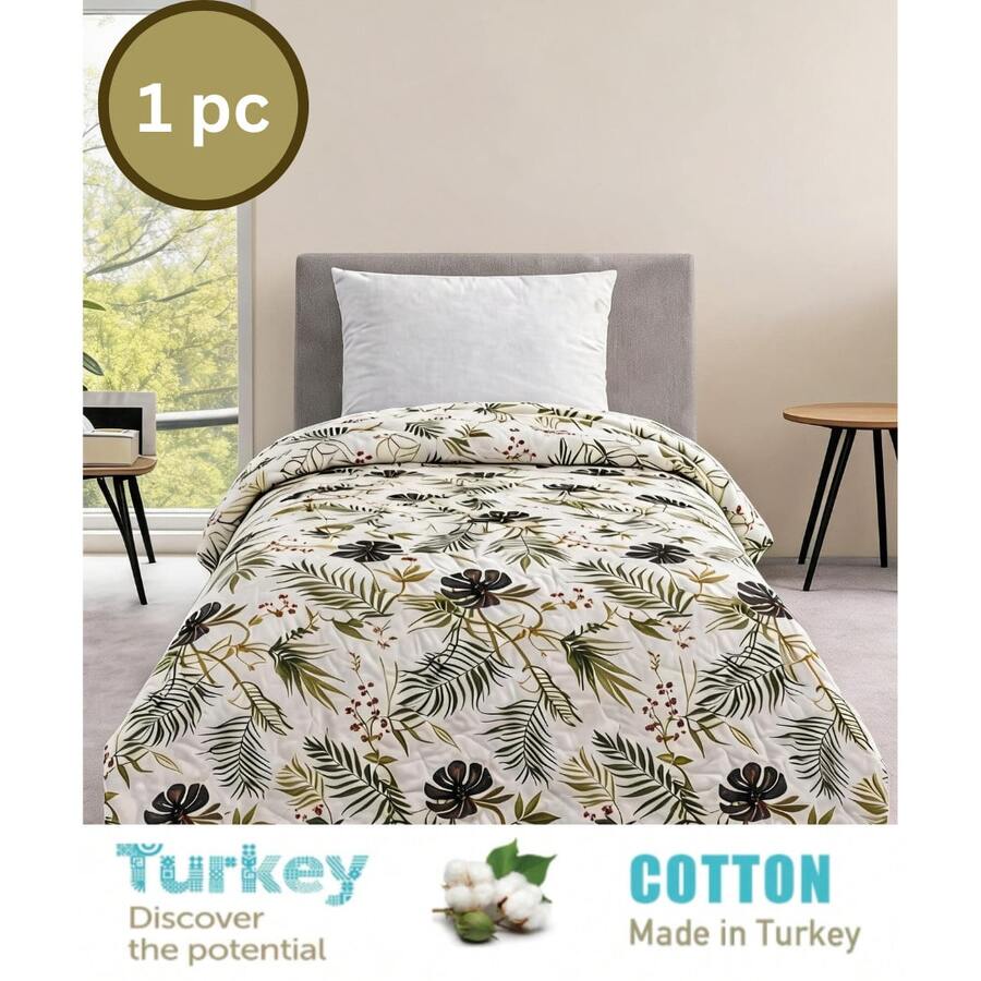Made In Turkey | Single Size Pique Bedspread, 100% Cotton, Breathable Lightweight Weave, Soft Touch, Suitable For All Seasons - Olive Green - View 1