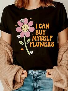 Flor sonriente con pétalos rosados que transmite energía positiva y amor propio inspirando alegría en cada día camiseta de mujer con mensaje motivador casual y moderna para uso diario - Negro - Ver 1