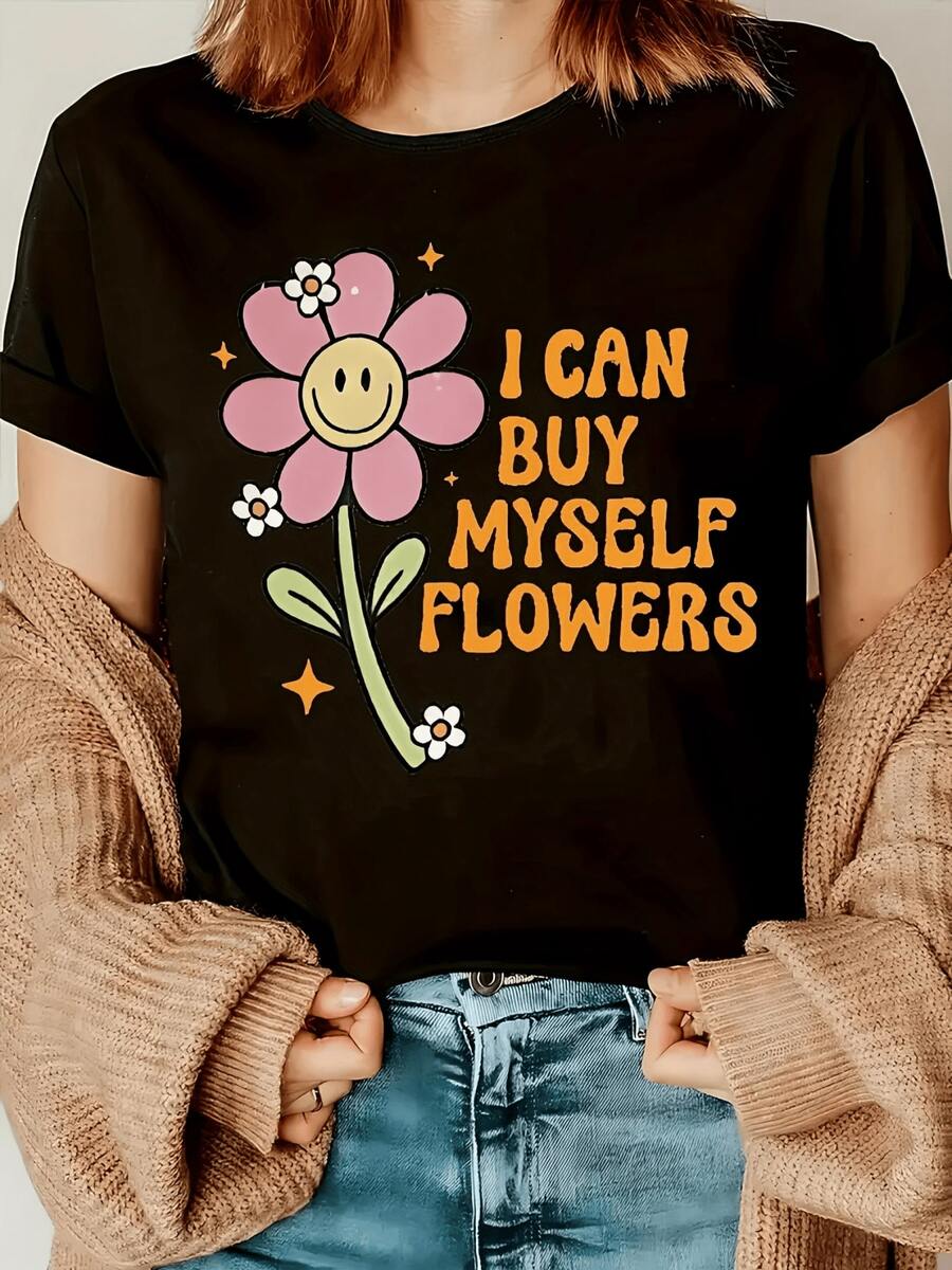 Flor sonriente con pétalos rosados que transmite energía positiva y amor propio inspirando alegría en cada día camiseta de mujer con mensaje motivador casual y moderna para uso diario - Negro - Ver 1
