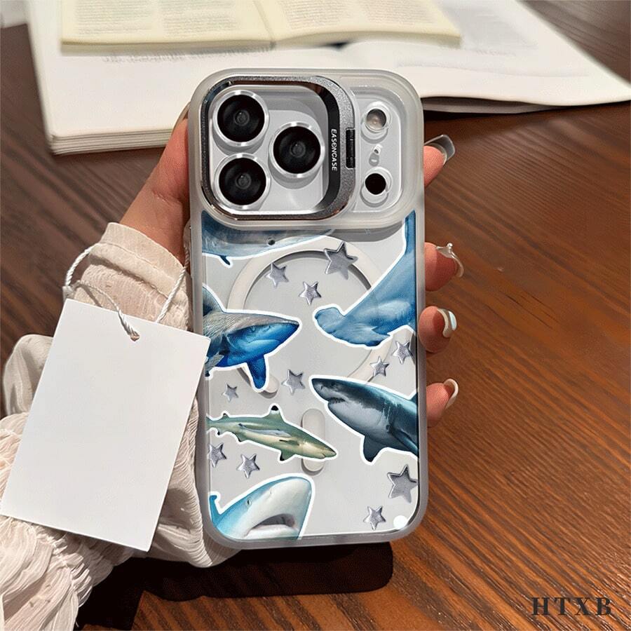 Funda de metal para cámara con patrones de estrella de tiburón, magnética, con impresión UV, adecuada para iPhone 17, 16, 15, 14, 13, 12 Pro Max/Pro/Plus, regalos de Halloween, Navidad y Acción de Gracias para amigos y familiares, funda para dispositivos, diseño de tiburón. - Gris - Ver 1