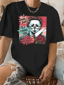 Rosas rojas junto a un rostro expresivo entre globos de texto artísticos crean una escena vibrante que refleja fuerza confianza y una actitud moderna camiseta de mujer casual con estampado colorido y mensaje atrevido - Negro - Ver 1